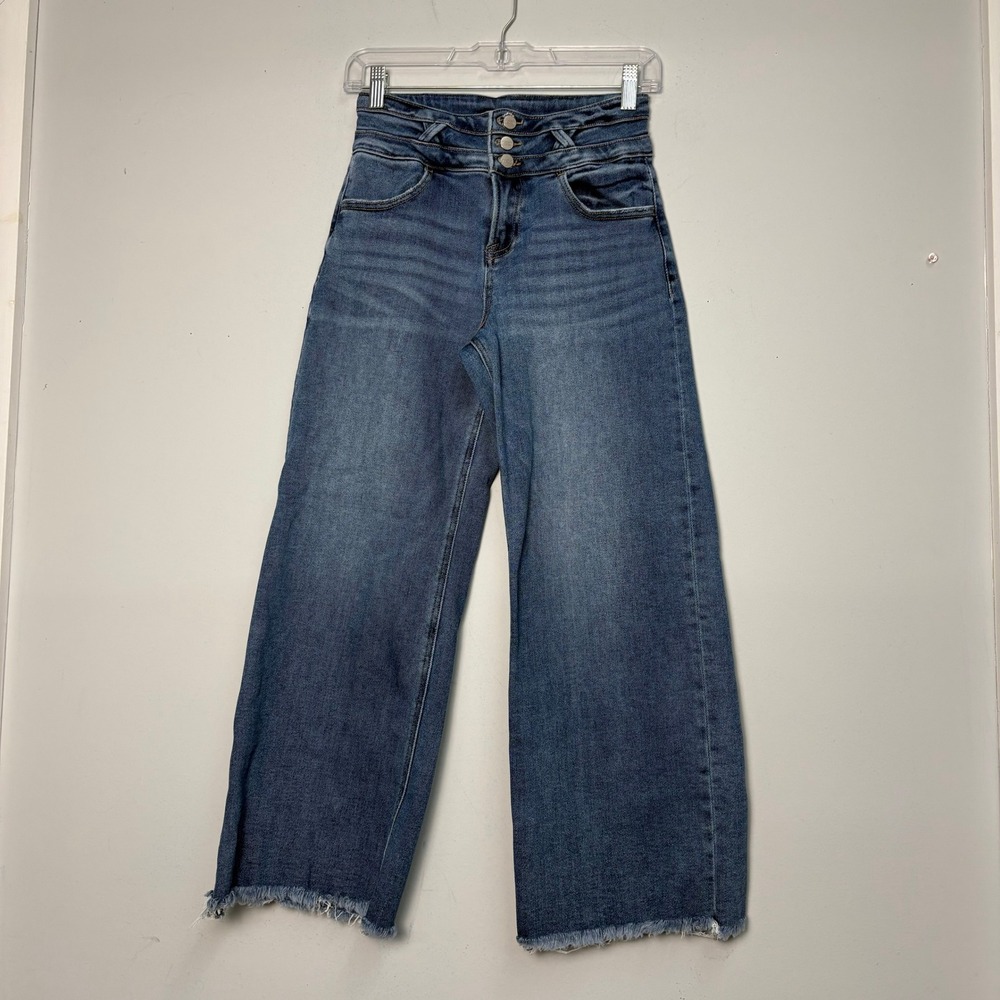 Risen Jeans Womens 3/26 Medium Wash High Rise Wide Leg Raw Hem PWC21028 Blue